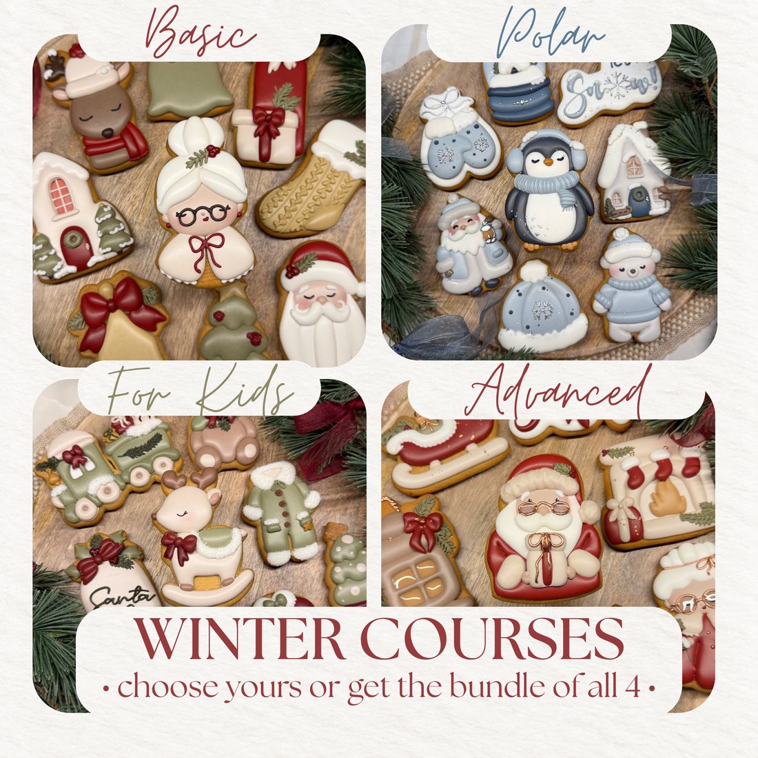 Winter Courses cover: four sets of Christmas cookies decorated with royal icing - choose yours or get the bundle of all 4