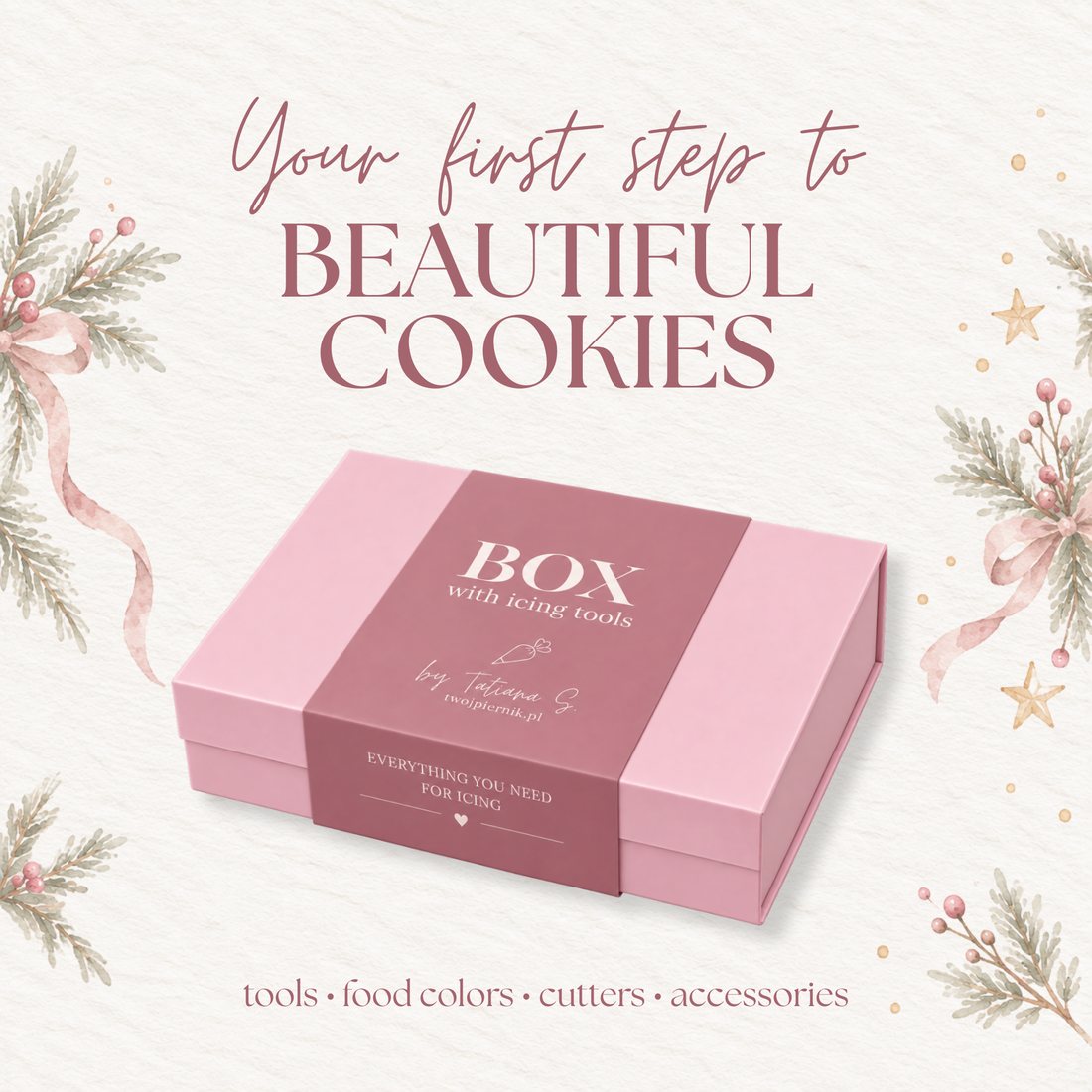 Cookie Decorating Tool Box cover: a pink box with icing tools - your first step to beautiful cookies